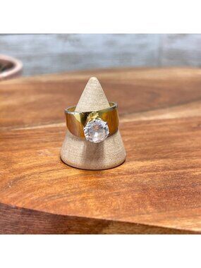 💍 Vintage ESPO 14KT Gold Filled Signed Wide Band CZ Solitaire Ring Size 5.5
